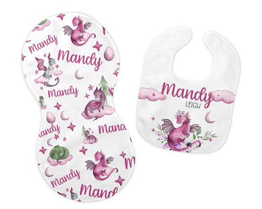 Girl Dragon Bib and Burp Cloth Set, G21