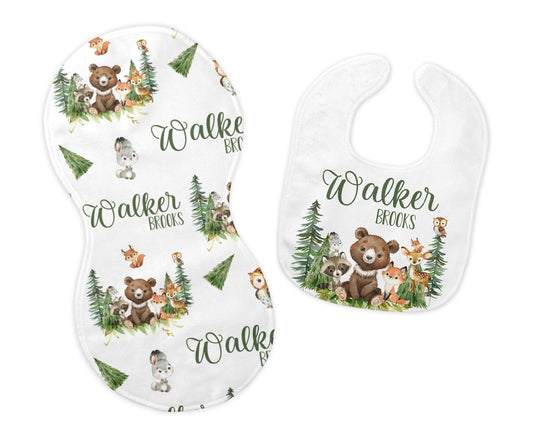 Woodland Bib and Burp Cloth Set, Bear Fox Raccoon, W27