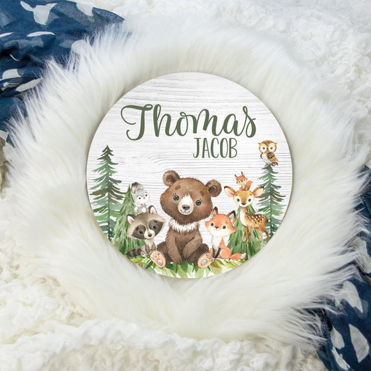 Woodland Animal Name Sign, Bear Fox Raccoon Deer Wood Sign W27