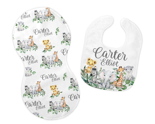 Safari Bib and Burp Cloth Set, Elephant Giraffe Lion Bib S1