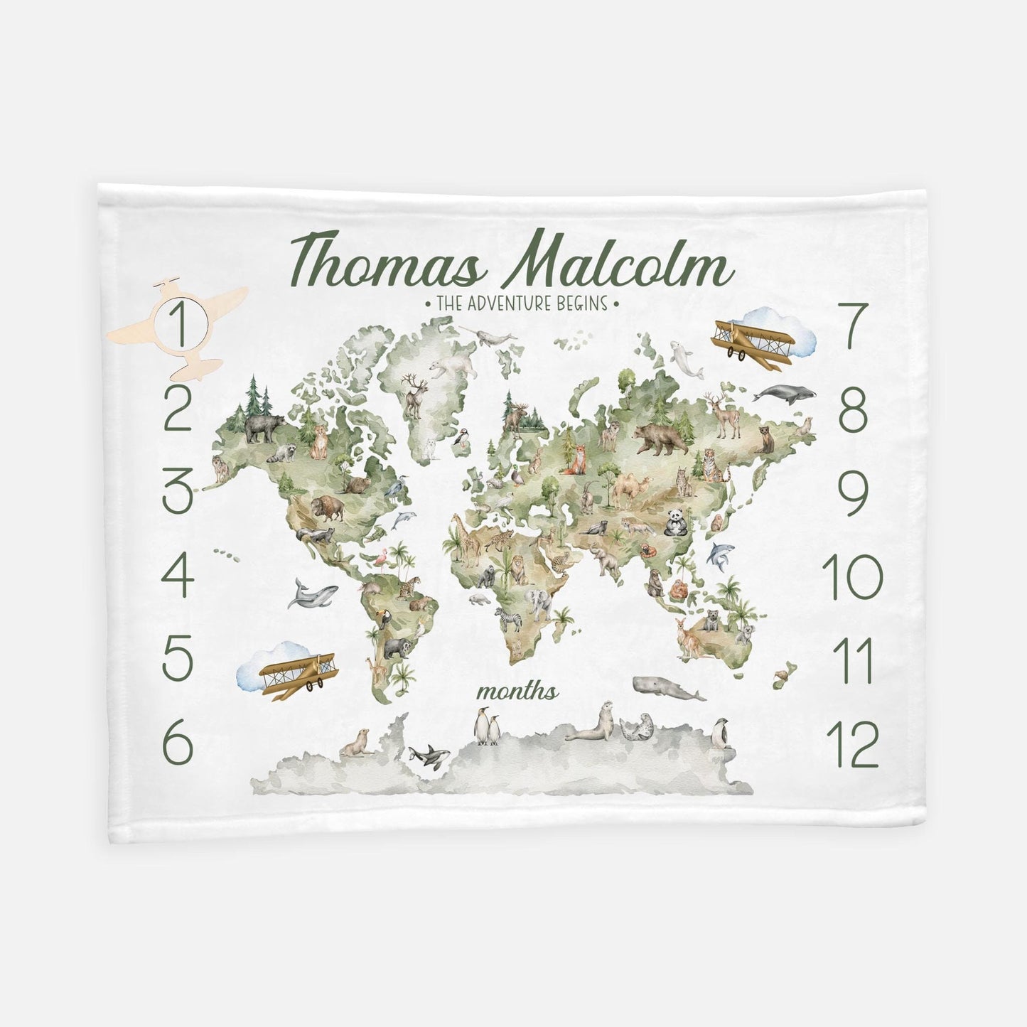 World Map Animal Baby Milestone Blanket, Adventure Awaits Blanket, S36