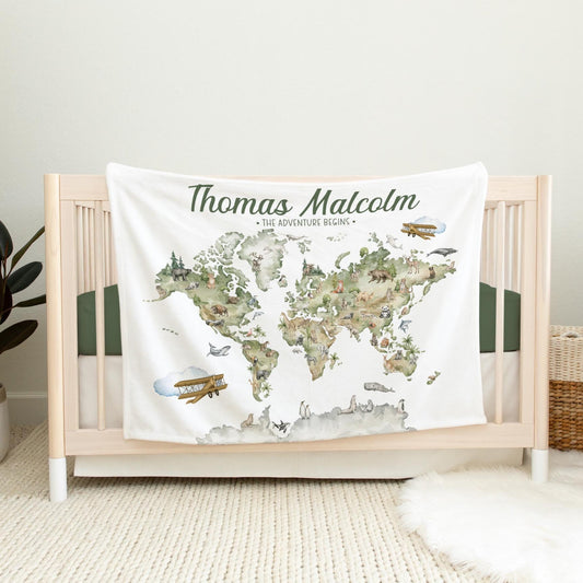 World Map Safari Baby Blanket, Adventure Map Blanket S36