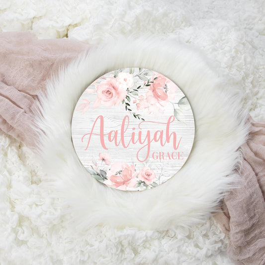 Blush Rose Floral Round Wood Name Sign, F69