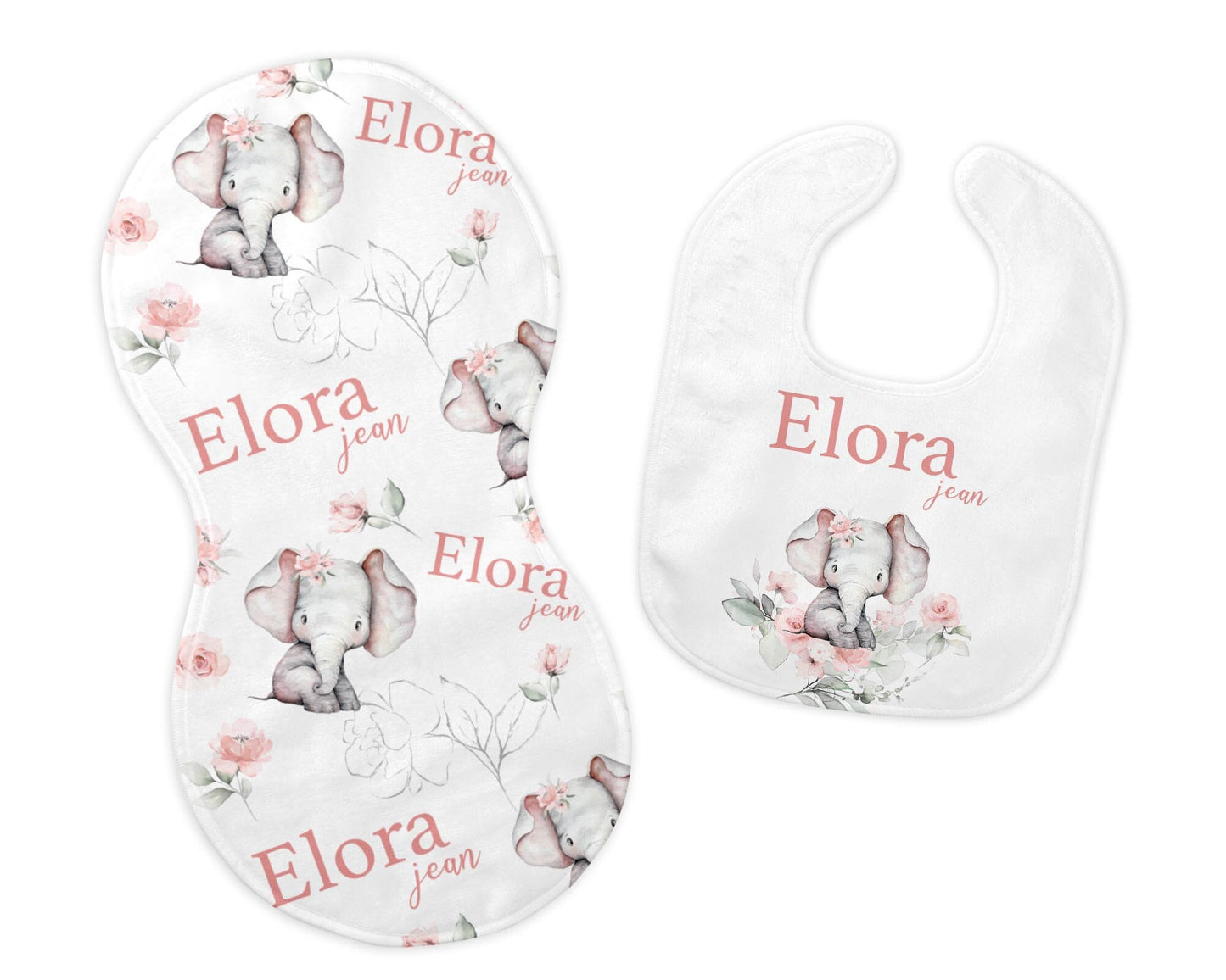 Girl Safari Elephant Bib and Burp Cloth Set, S27