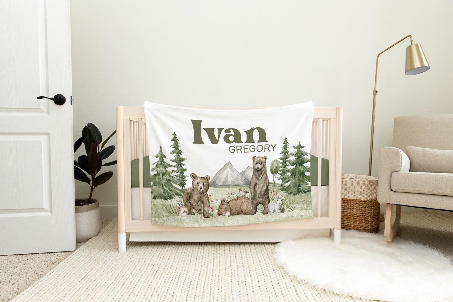 Woodland Nursery Baby Blanket, Forest Animal Bear Blanket W31