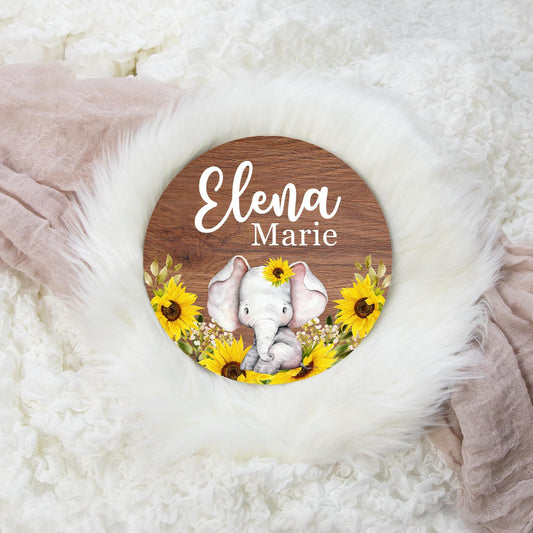 Elephant Round Wood Name Sign, Sunflower Safari S29