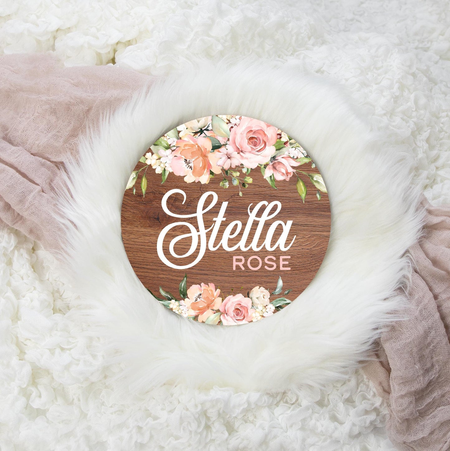 Blush Pink Floral Round Wood Name Sign, F68