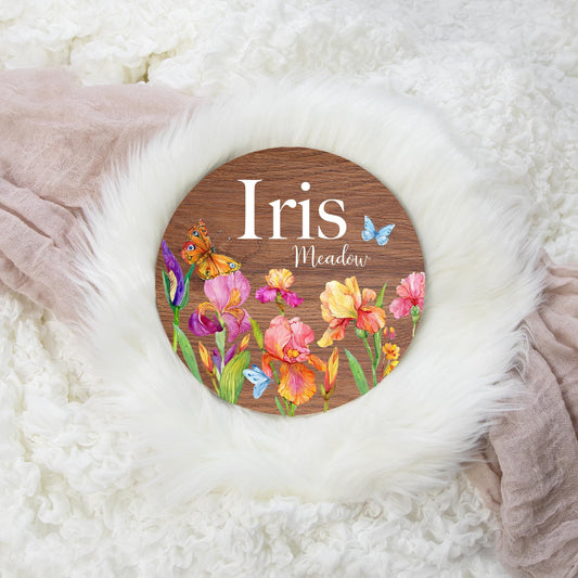 Iris Floral Round Wood Name Sign, F71