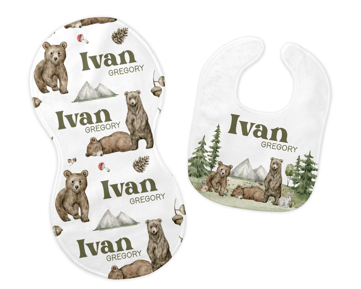 Woodland Bib and Burp Cloth Set, Bear Mountain Bib Set, W31