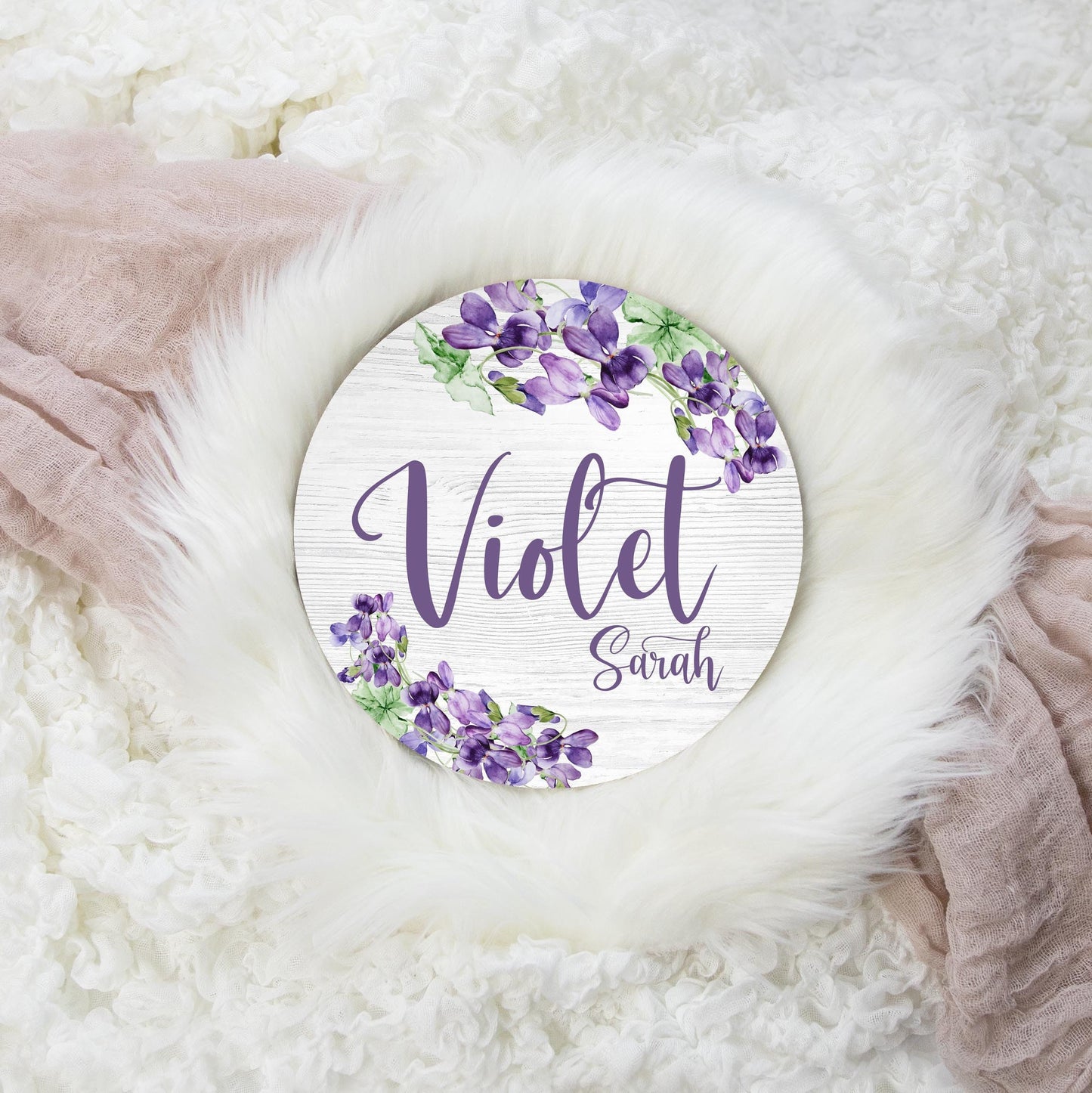 Violet Flowers Round Wood Name Sign, F72