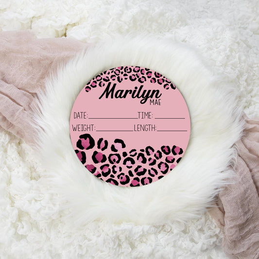 Pink Leopard Print Wood Birth Stat Sign, G32