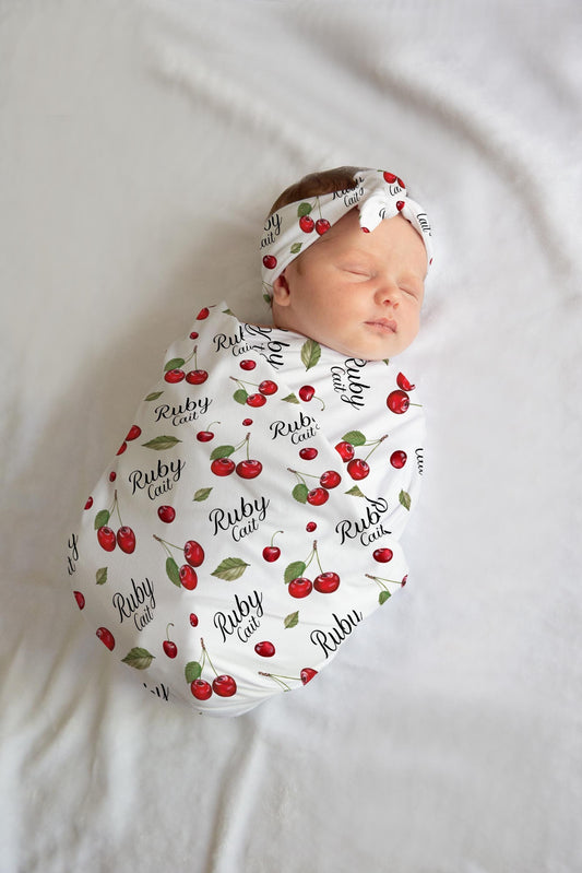 Cherry Personalized Baby Swaddle Blanket