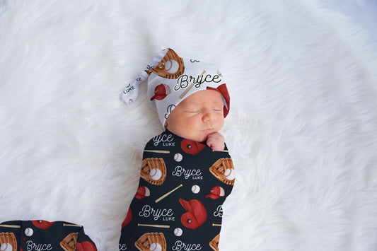 Baseball Swaddle Set, Personalized Sports Baby Blanket B35