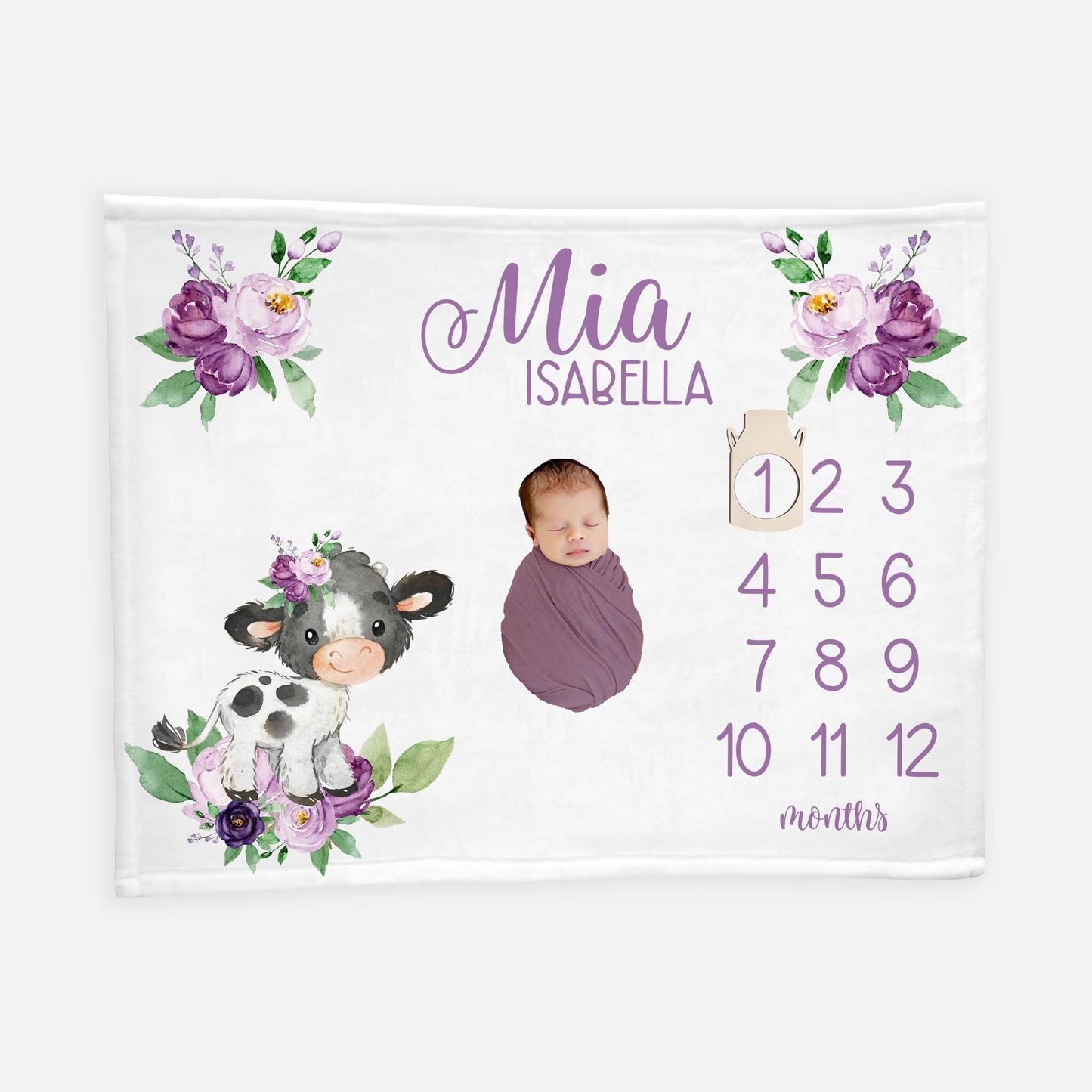 Cow Floral Baby Milestone Blanket, C5