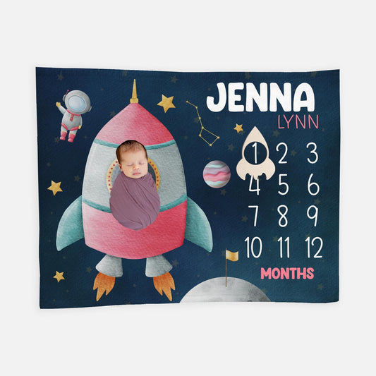 Rocket Moon and Stars Baby Milestone Blanket, T41