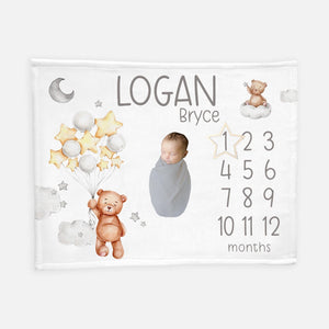 Bear Moon and Stars Baby Milestone Blanket, Lullaby Bear Blanket B36