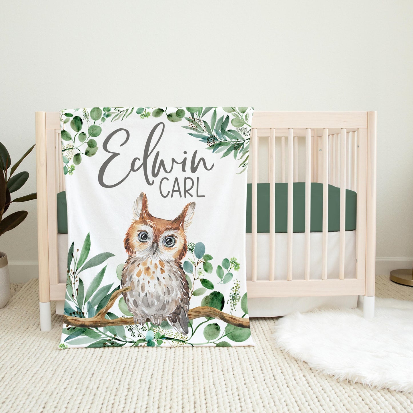 Owl Nursery Baby Blanket, Boy Woodland W37