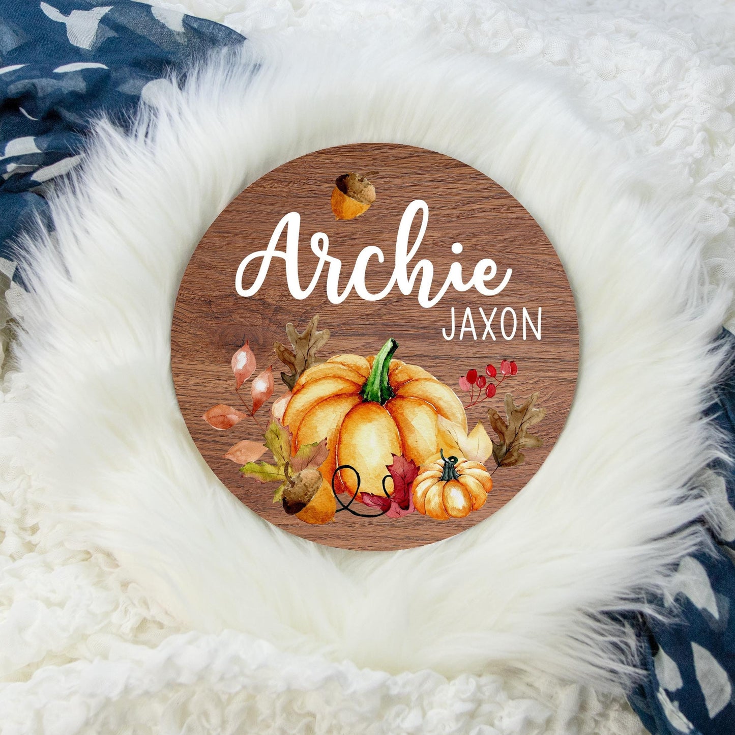 Autumn Round Wood Name Sign, Pumpkin Autumn Theme Sign B37