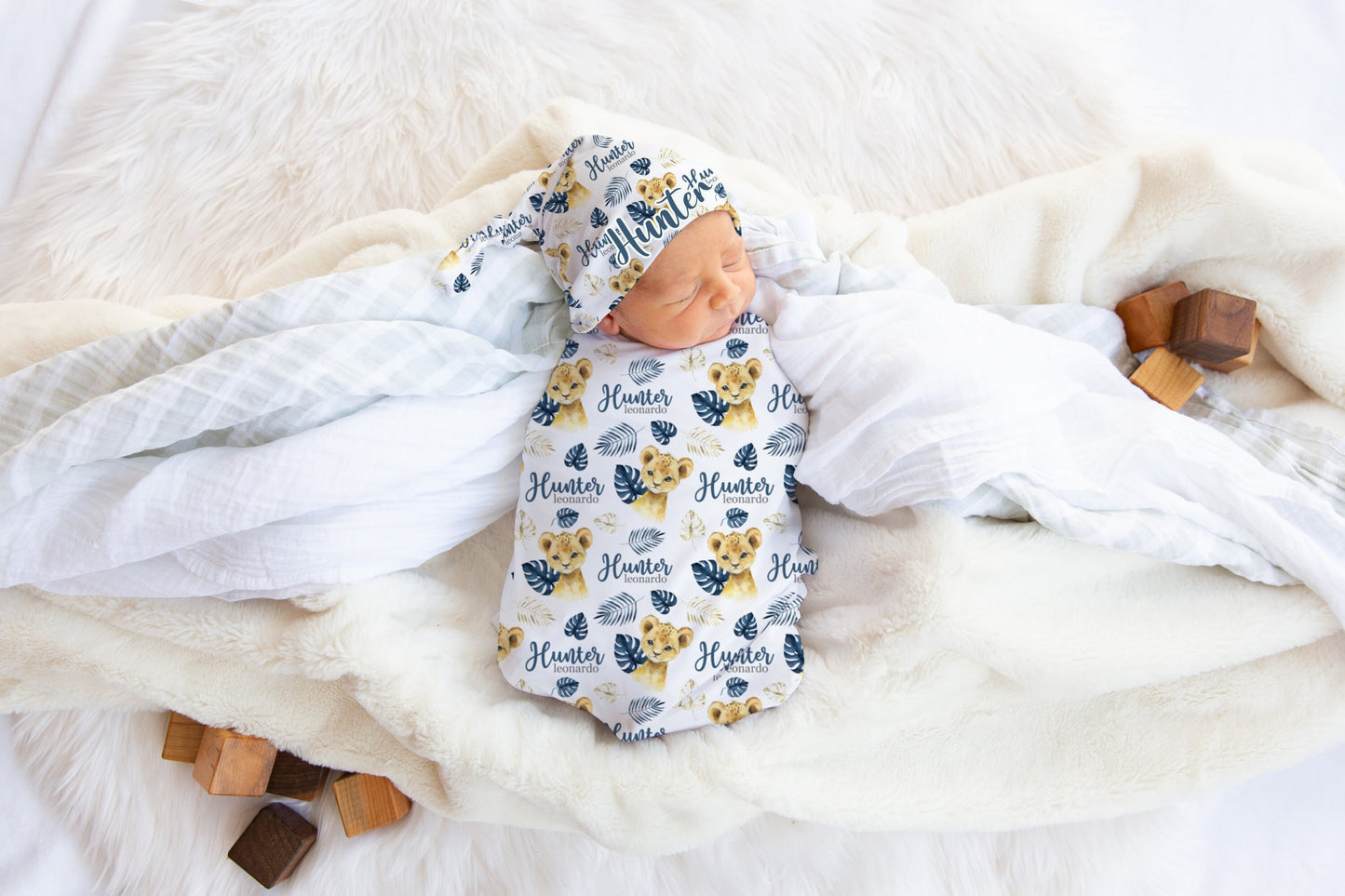 Lion Swaddle Set, Safari Blue Palm S31