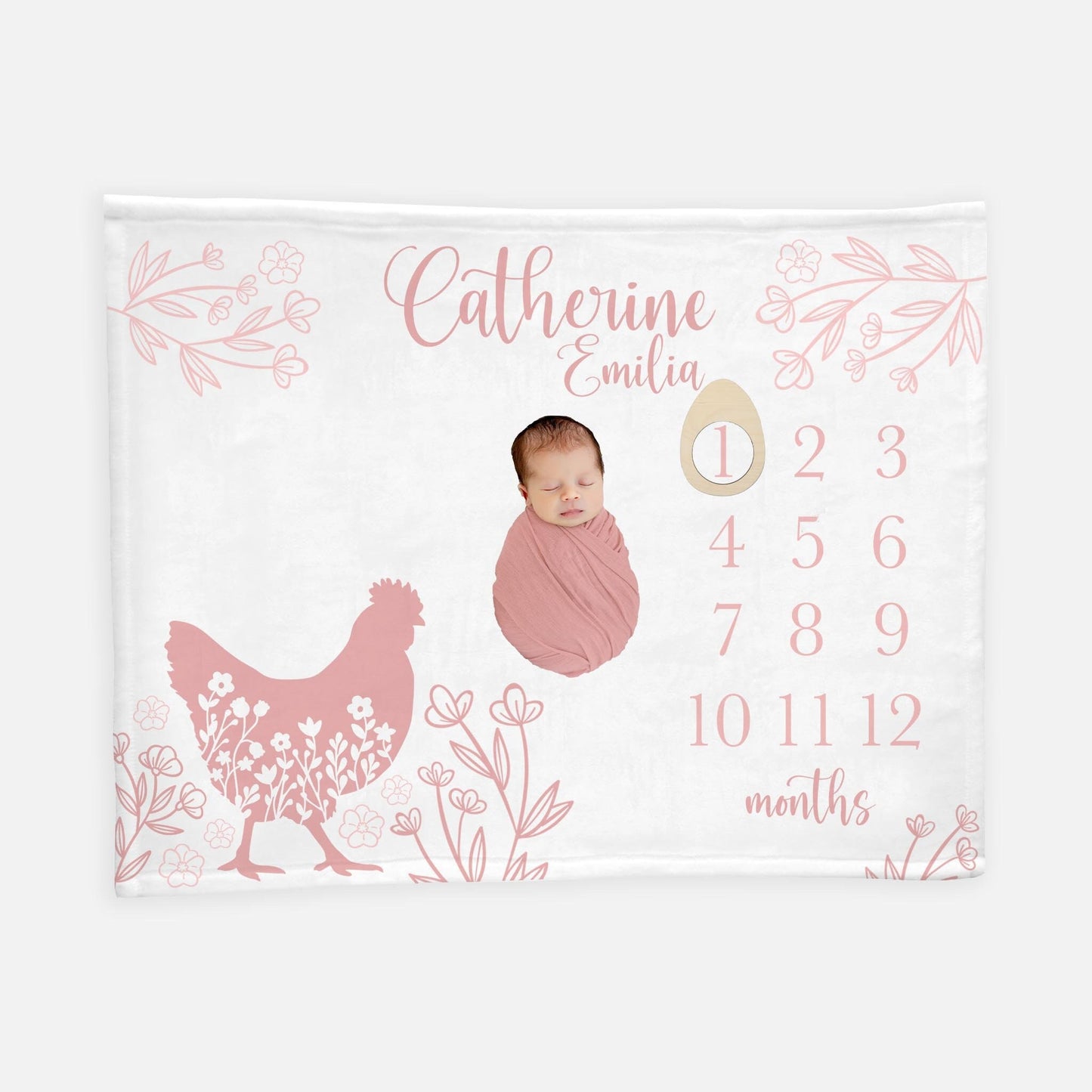 Pink Floral Chicken Baby Milestone Blanket, Farm Girl C23