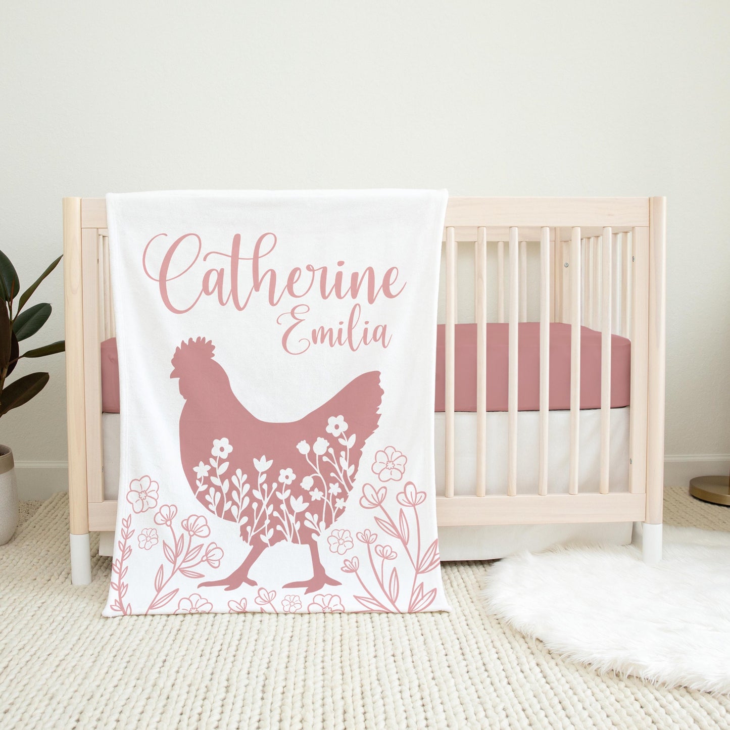 Pink Chicken Blanket, Floral Farm Animals C23