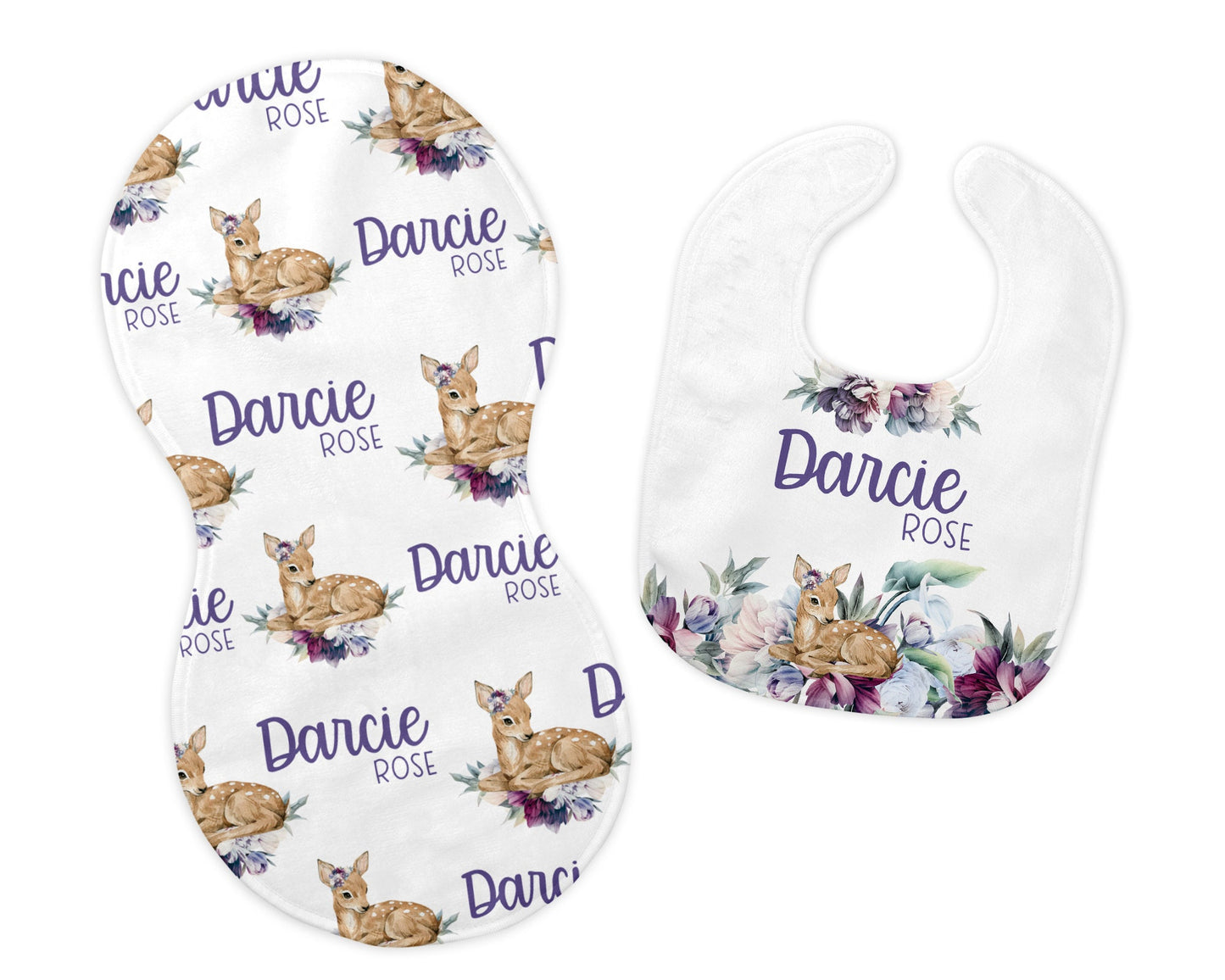 Deer Bib and Burp Cloth Set, Purple W33