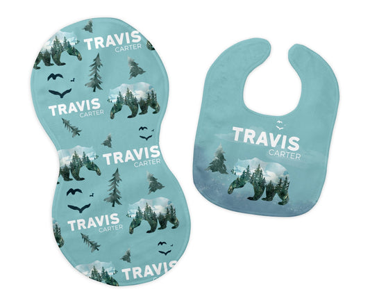 Forest Bear Bib and Burp Cloth Set, W34