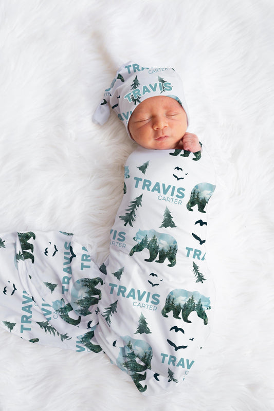 Woodland Swaddle Set, Bear Forest Baby Blanket, W34