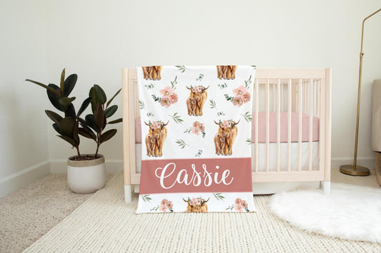 Girl Boho Highland Cow Personalized Baby Blanket, Farm Animal Theme, C19