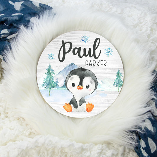 Penguin Round Wood Name Sign, Arctic O29