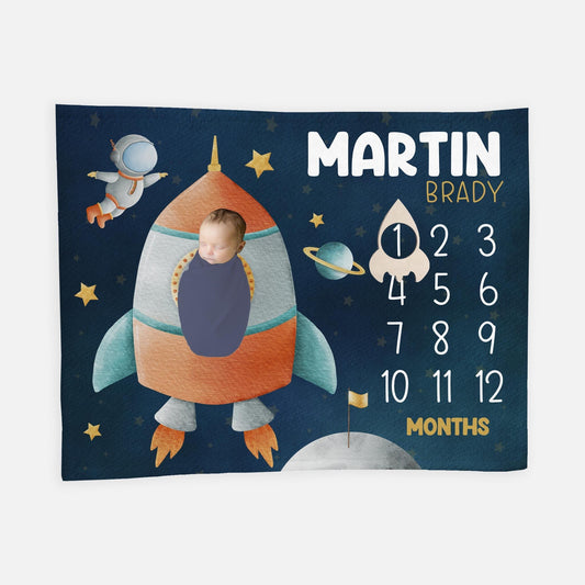 Rocket Moon and Stars Baby Milestone Blanket, T41