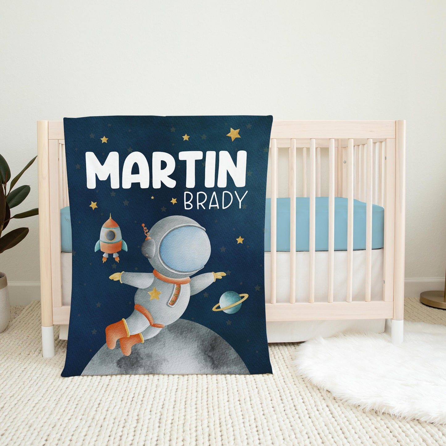 Astronaut and Rocket, Personalized Outer Space Baby Blanket, T41