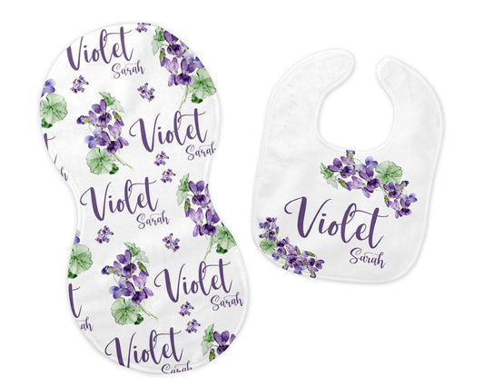 Violet Flowers Bib and Burp Cloth Set, F72