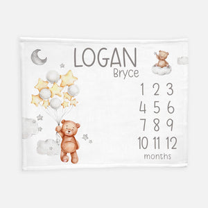 Bear Moon and Stars Baby Milestone Blanket, Lullaby Bear Blanket B36