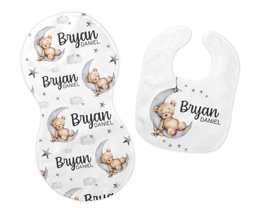 Bear Moon Bib and Burp Cloth Set, B28