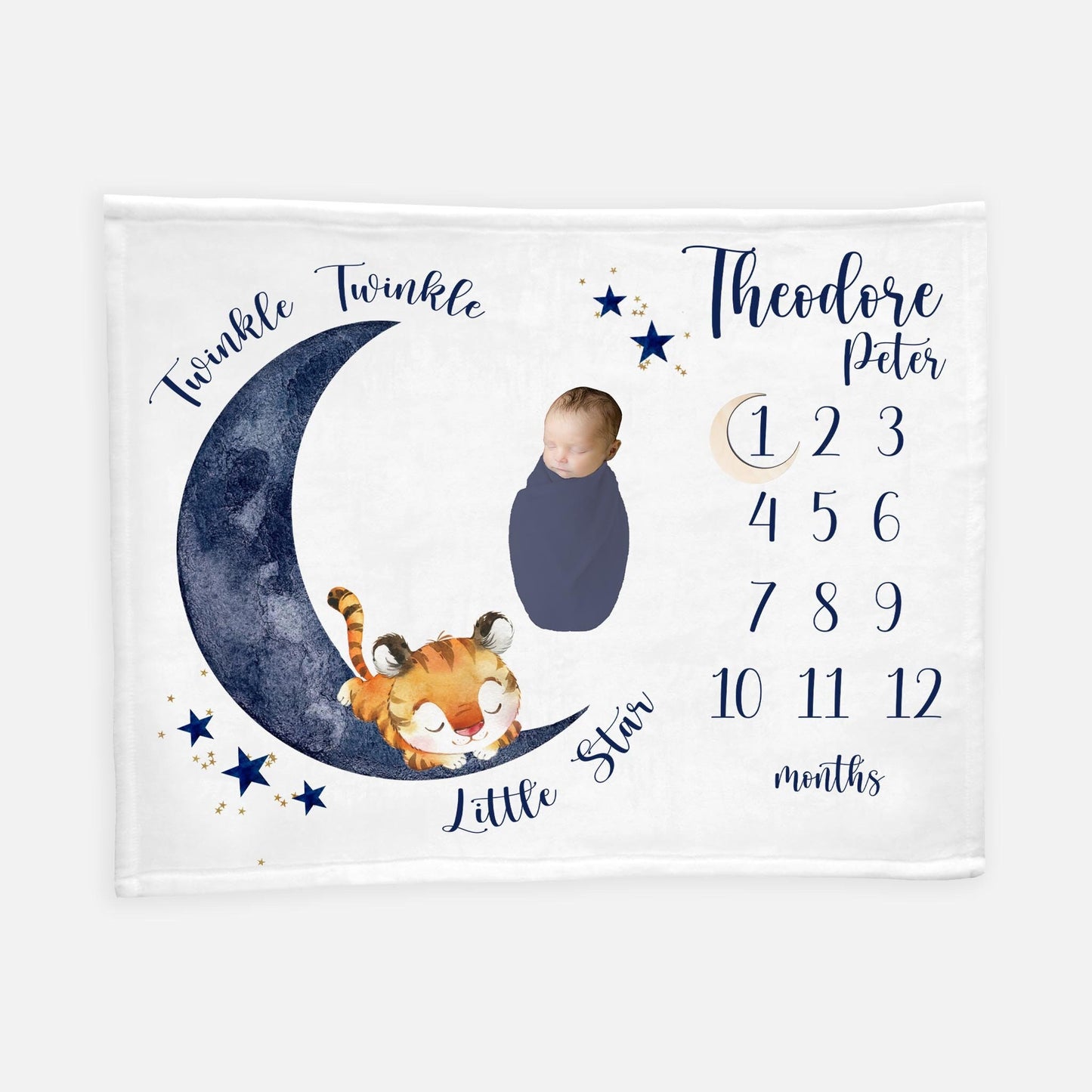 Tiger Moon and Stars Baby Milestone Blanket, T46