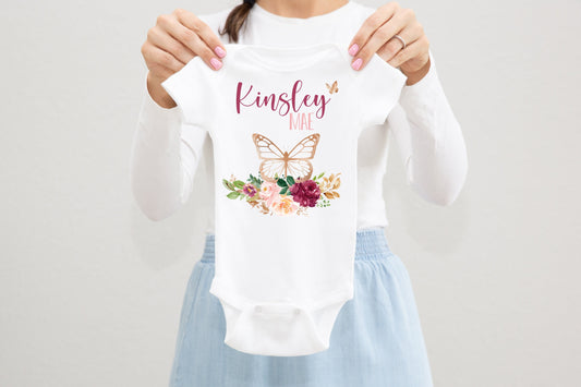 Boho Butterfly Baby Bodysuit, Butterfly Baby Outfit, Baby Shower Gift, Pregnancy Reveal, Baby One Piece, Rose Gold Butterfly Baby Outfit F41