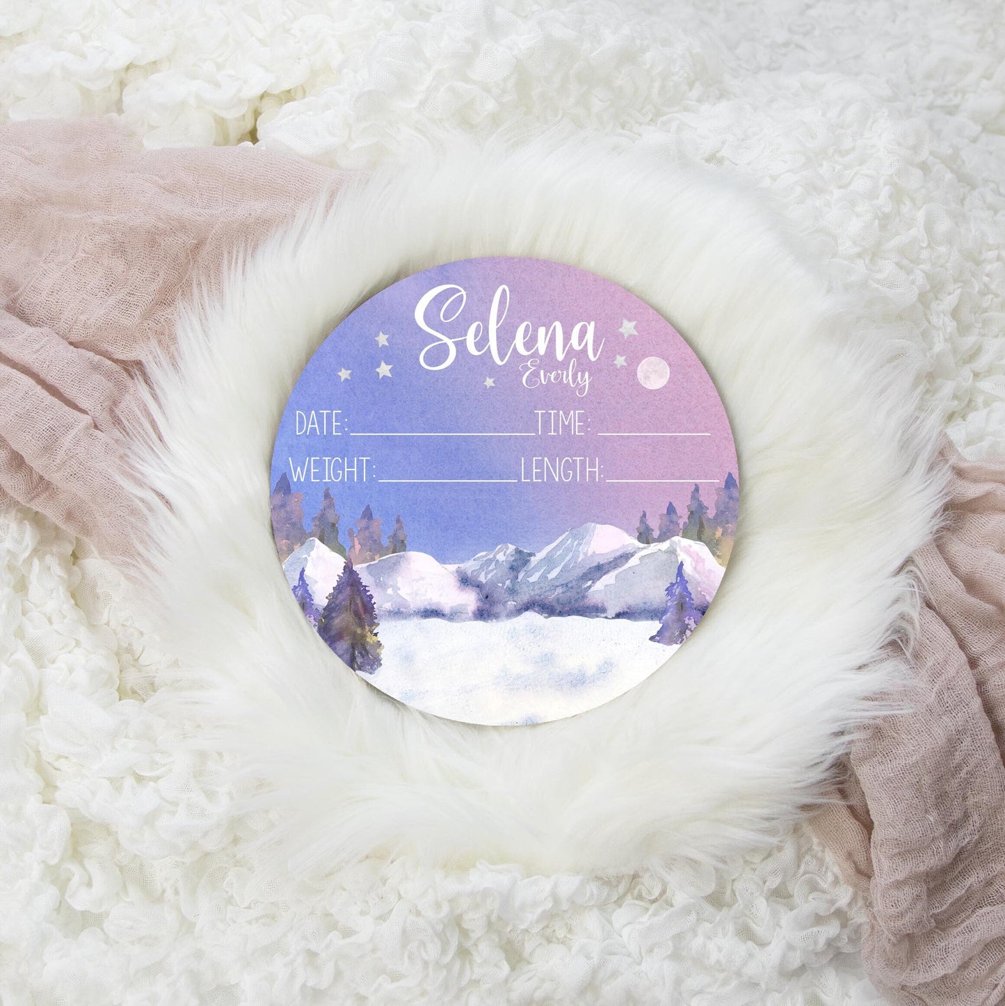 Girl Mountain Round Wood Birth Stat Sign, Adventure Awaits M22