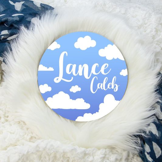 Blue Clouds Round Wood Name Sign, T48