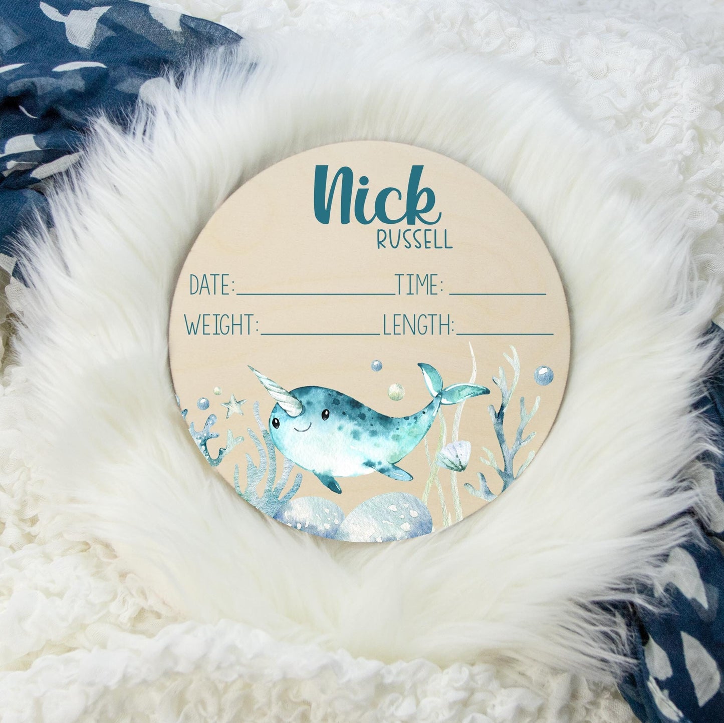 Narwhal Round Wood Birth Stat Sign, Ocean Life O28