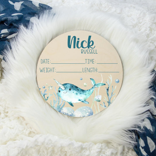 Narwhal Round Wood Birth Stat Sign, Ocean Life O28