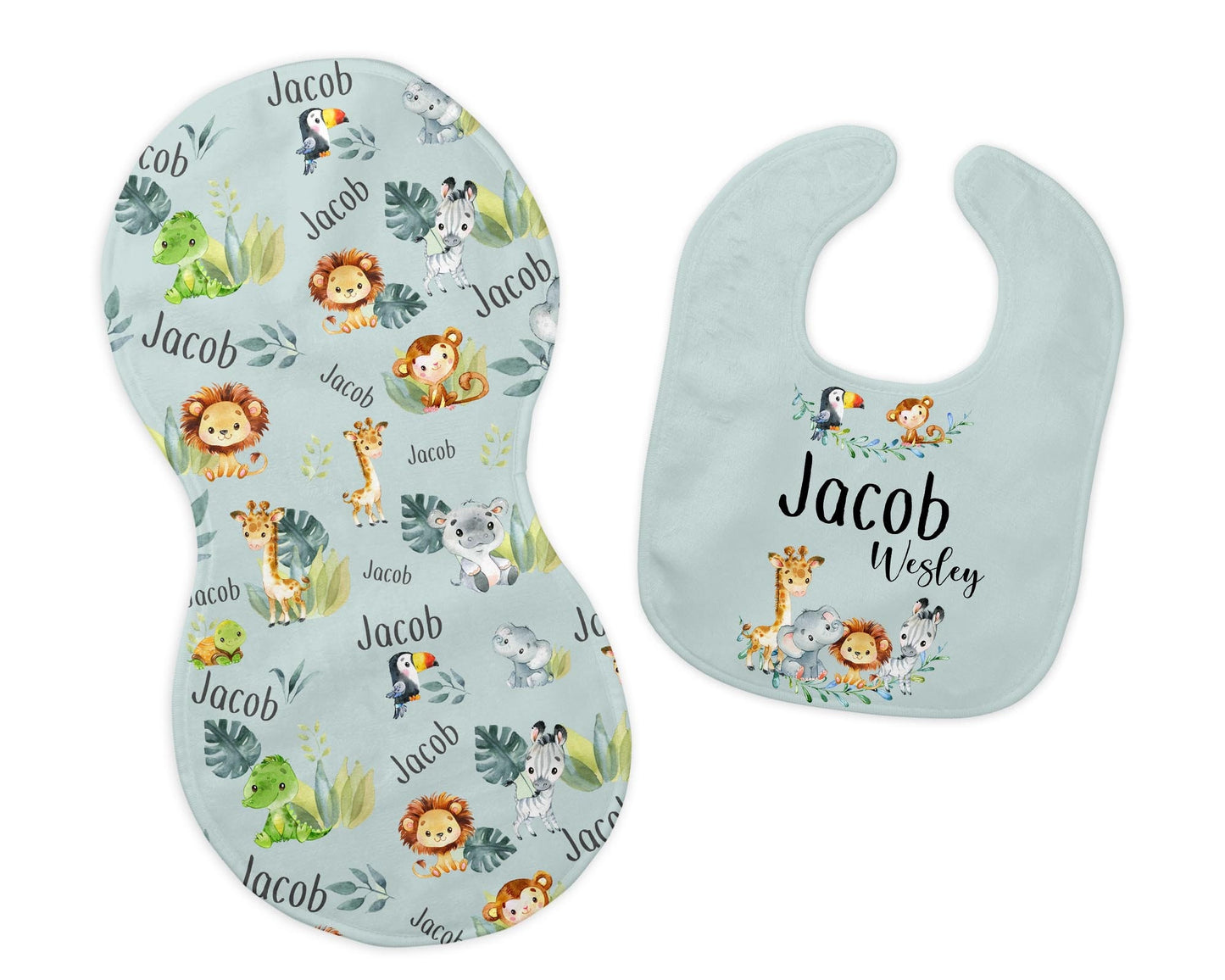 Safari Bib and Burp Cloth Set, Elephant Giraffe Lion Bib S3