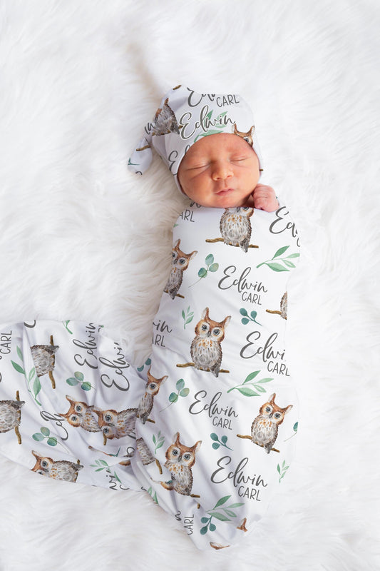 Owl Swaddle Set, Woodland Custom Name Set W37