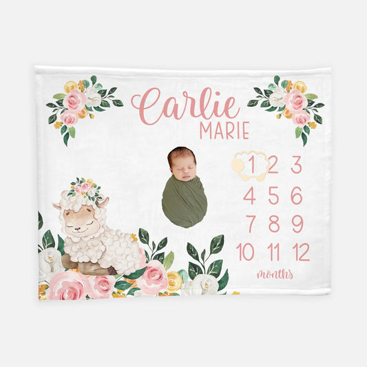 Sheep Floral Baby Milestone Blanket, Girl C25