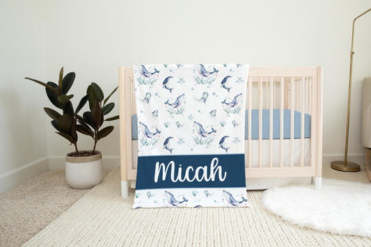 Whale Baby Blanket, Nautical Ocean Life Crib Bedding, O25