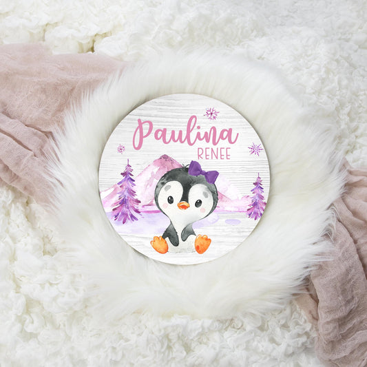 Girl Penguin Round Wood Name Sign, Arctic O29