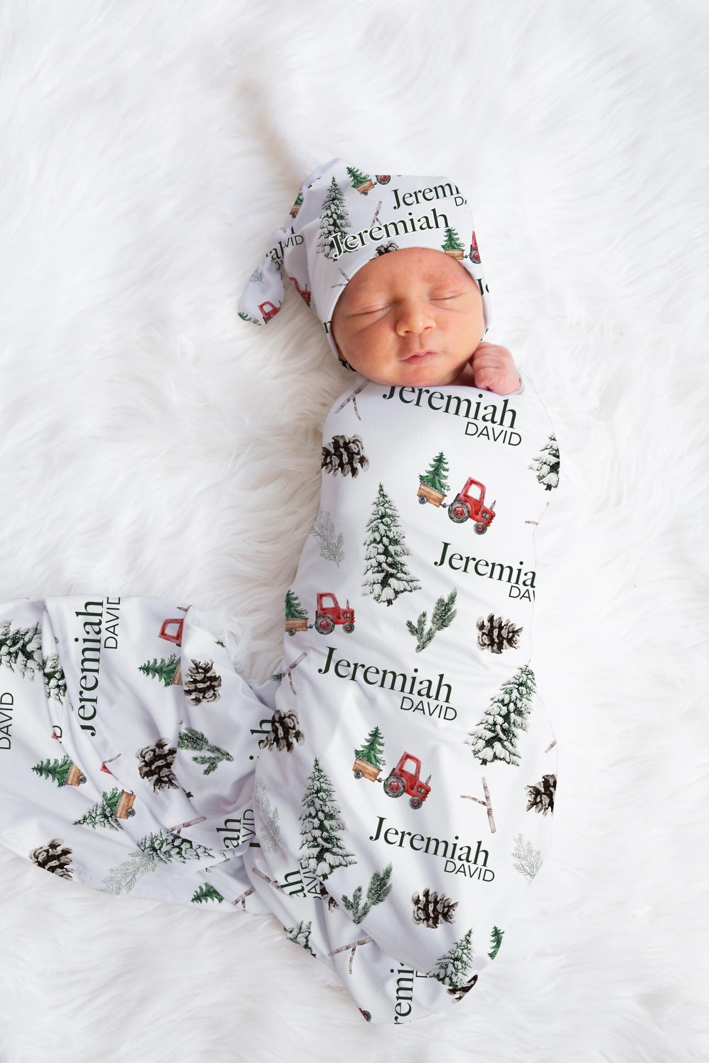 Winter Tractor Swaddle Set, Christmas Tree Farm Baby Blanket, B60