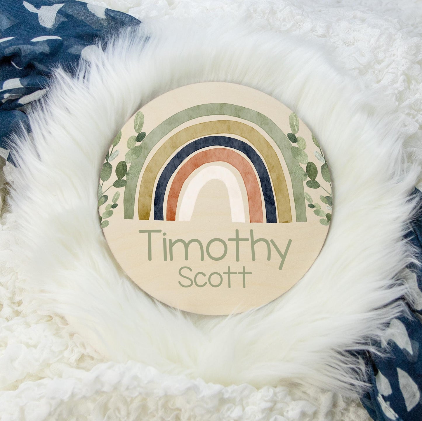 Neutral Boho Rainbow Round Wood Name Sign, T45