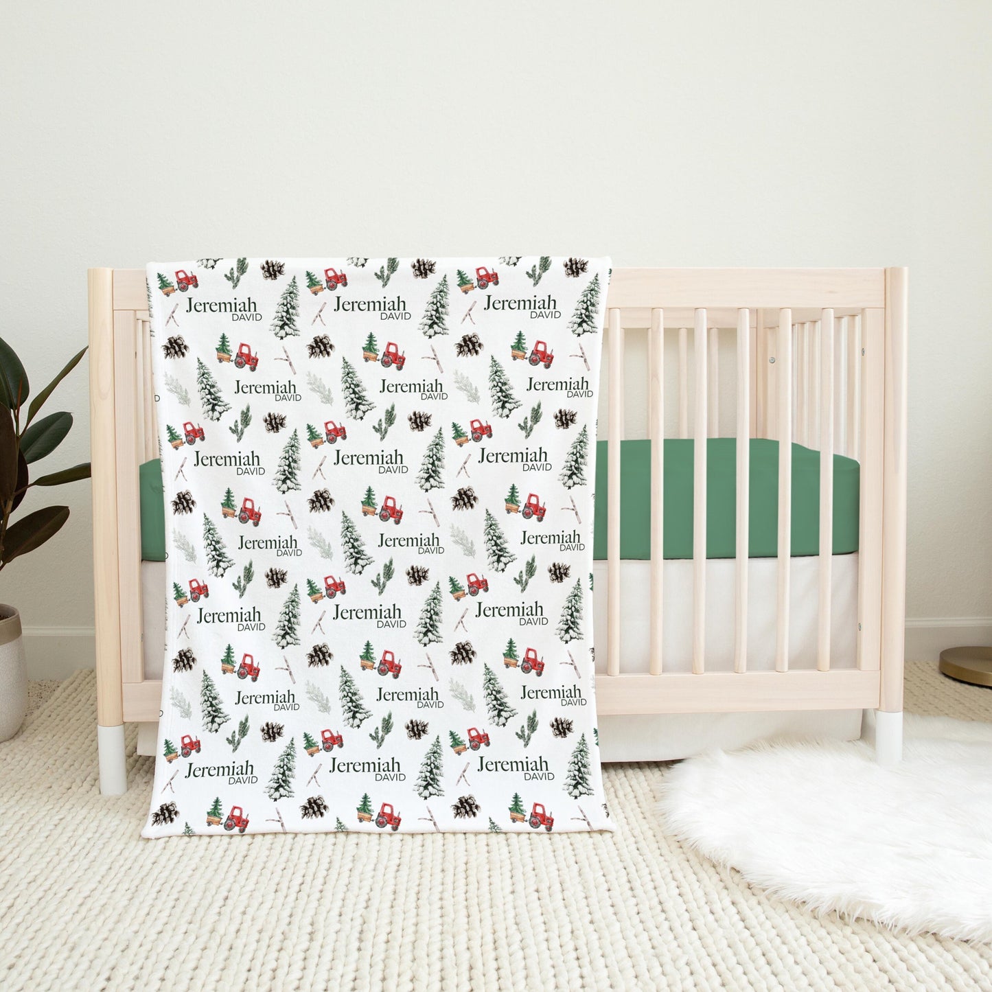 Winter Tractor Swaddle Set, Christmas Tree Farm Baby Blanket, B60