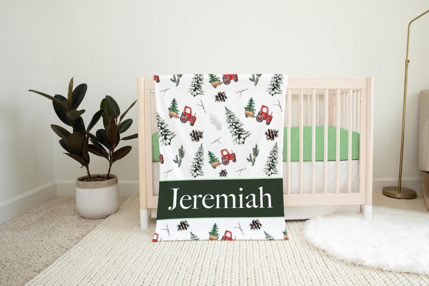 Personalized Tree Farm Tractor Christmas Baby Blanket, B60